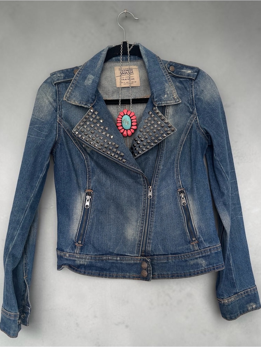 Zara Blue Studded Denim Moto Jacket